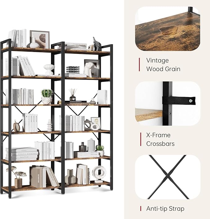 oneinmil Bookshelf 6 Tier, 71.5'' Industrial Wood Bookshelves, Book Shelf with 12 Open Display Shelves & Metal Frame, Tall Bookcase for Home and Office, Rustic Brown