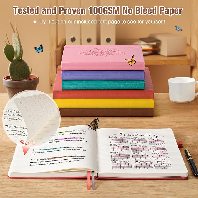 Lined Notebook Journal for Women, 312 Numbered Pages A5 Thick Leather Journal, 100gsm Paper Daily Journal for Work Travel, Hardcover College Ruled Notebook, Giftable Butterfly Floral Notebook, Brown