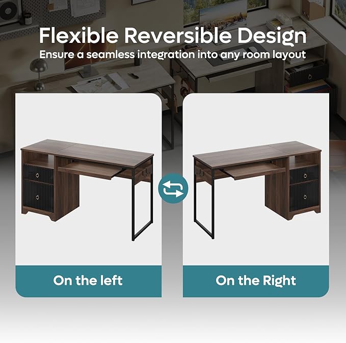 Bestier 55 Inch Computer Desk with Keyboard Tray, Modern Office Desk with Storage, Wood Writing Desk with File Drawer, Fluted Panel & 2 Hooks for Home Office & Studio, Cherry