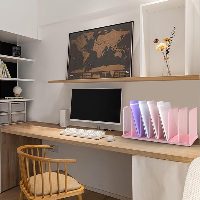 Kuntine.B Desk File Organizer Upright Mesh Desktop Organizer File Sorter Office Organization File Holder for Home, Office & Classroom (Pink, 1 Pack 7-Section)