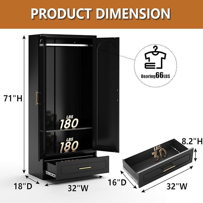 Metal Armoire Wardrobe Closet with Drawer, 71“ Tall Freestanding Wardrobe Cabinet with Doors and Shelves, Large Armoire with Hanging Rod, Clothes Cabinets for Bedroom, Black, Assembly Required