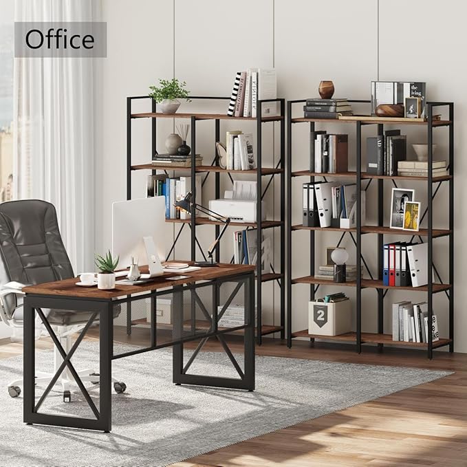 BON AUGURE Industrial Bookshelf, Bookcases and Bookshelves Etagere, Tall Large Farmhouse Book Shelves, 5 Tier Open Bookcase, Wood Metal Shelving Unit for Bedroom, Office (Rustic Oak)