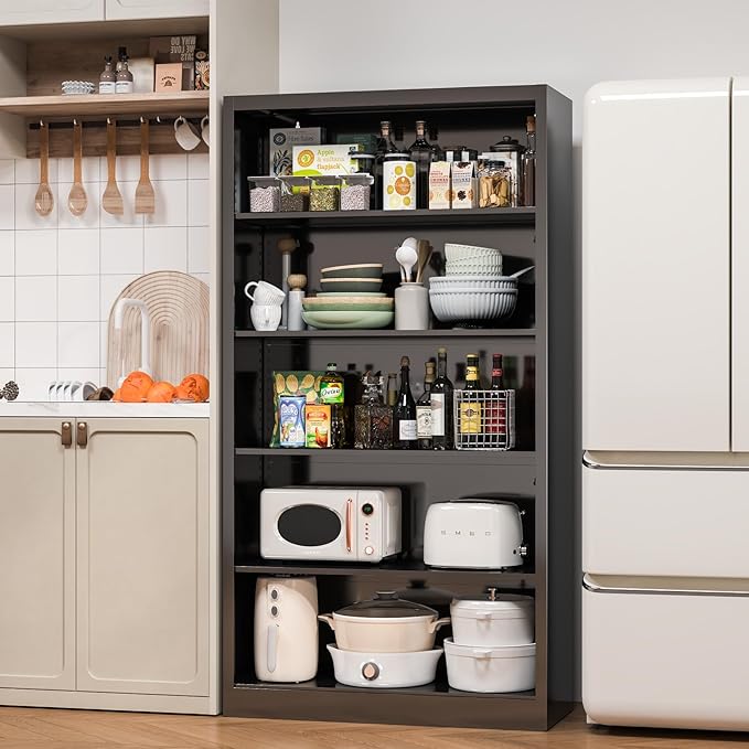 5 Tier Metal Bookshelf, 66" Tall Bookcase, Adjustable Book Shelves, Modern Black Book Shelf Storage Shelves for Bedroom, Living Room, Office, Library, Classroom, School