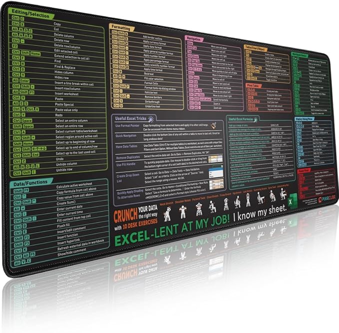Excel Shortcut Keys Mouse Pad - Extended Large XXL Cheat Sheet Gaming Mousepad | PC Office Spreadsheet Keyboard Mat | Non-Slip Stitched Edge