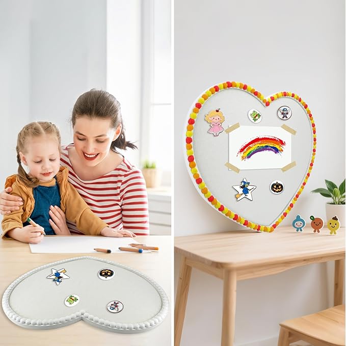 Large Heart Cork Bulletin Board with Linen, 24x19 Inch White Wood Frame Cute Picture Pin Board, Decorative Vision Board for Home Office, Study, Bedroom and Dormitory