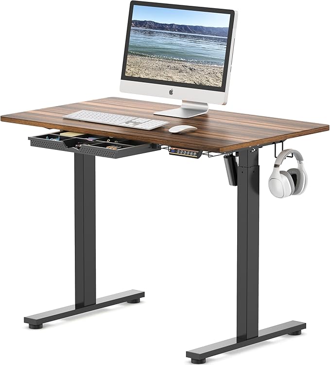 SHW 40-Inch Electric Height Adjustable Standing Desk with Drawer, Memory Preset and Cable Management Tray, Walnut