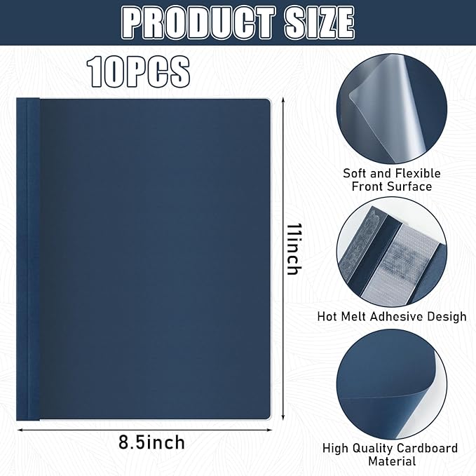 10 Pcs Thermal Binding Covers, 8.5 x 11 Inch Letter Size, 1 Inch Spine Holds 240 Sheets, Clear Front Paper Back Report Cover Suitable for Schools Offices Presentation(Blue)