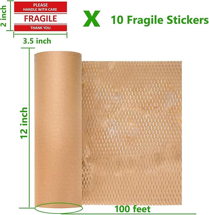 Honeycomb Packing Paper,12" W x 100' L Packing Paper for Moving,Products & Gifts Honeycomb Wrapping Paper,Recyclable and Biodegradable Cushioning Packing Material with 10 Fragile Sticker Labels