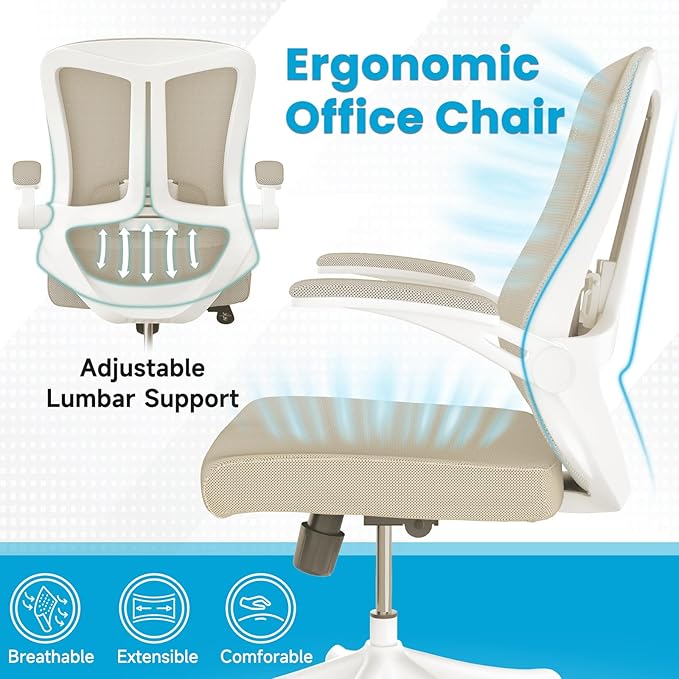 Mesh Office Computer Desk Managerial Executive Chair, Ergonomic High Back Comfy Swivel Gaming Home Chairs with Wheels, Comfortable Lumbar Support, Comfy Arms for Study,Home,Bedroom（Khaki）