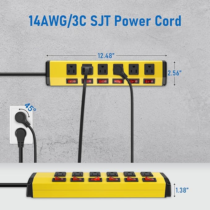ANNQUAN 6 Outlet Metal Power Strip with 6 Individual Switches,Heavy Duty Power Strip 1200J 15A 10FT Cord Home Office Industrial Commercial Shop