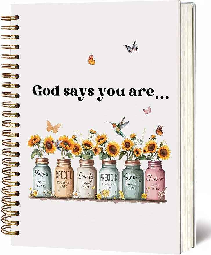 Bible Notebook, A5 Spiral Christian Journal with Sunflower Notebook, Bible Verse-God Says You Are, Inspirational Notebooks for Women, Bible Study, Gift for Birthday Christmas, Office Supplies