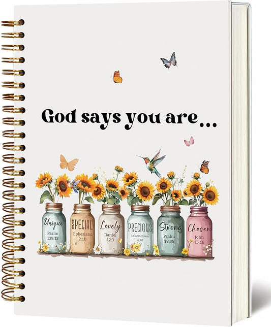 Bible Notebook, A5 Spiral Christian Journal with Sunflower Notebook, Bible Verse-God Says You Are, Inspirational Notebooks for Women, Bible Study, Gift for Birthday Christmas, Office Supplies