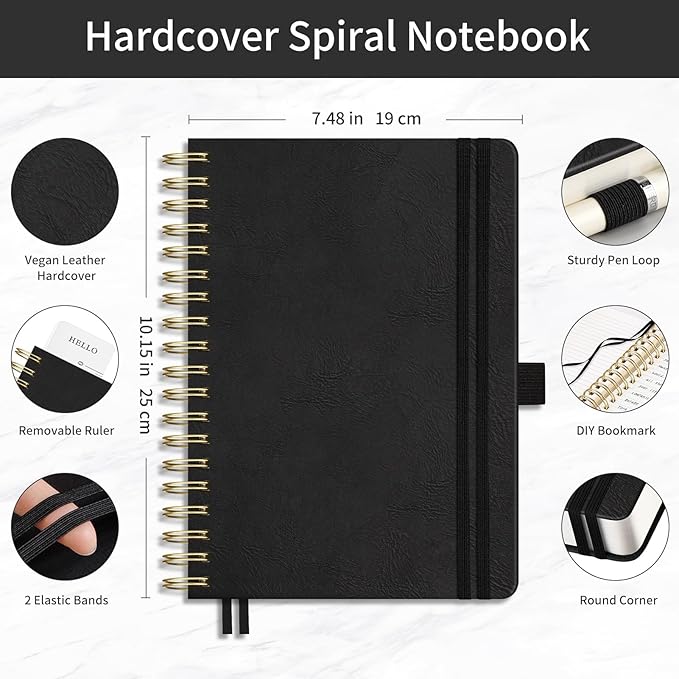 EMSHOI Spiral Notebook College Ruled, 300 Numbered Pages, B5 Large Hardcover Leather, 100 GSM Thick Lined Journal for Women Men Work Writing Journaling Note Taking, 7.48" x 10.15", Black