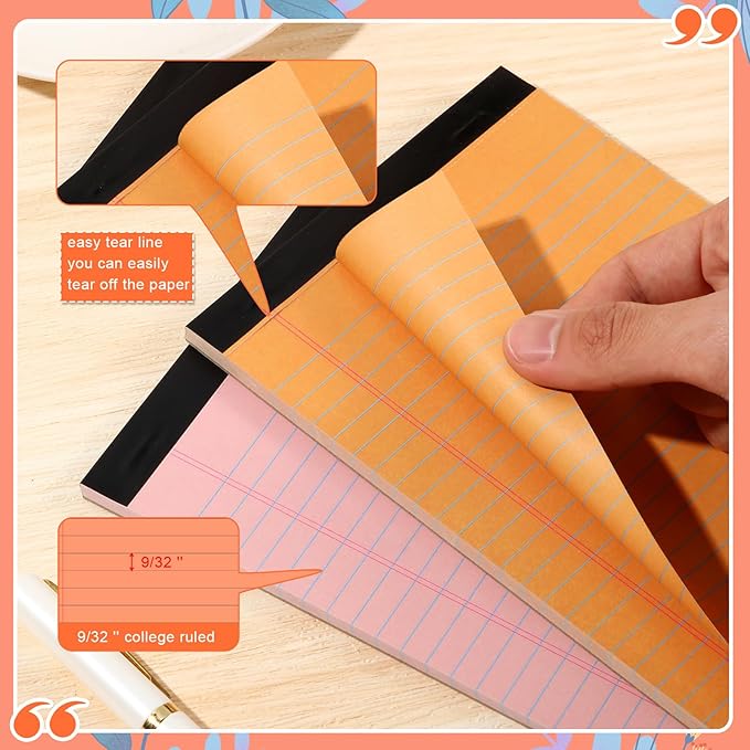 Lincia 12 Pcs 12 Pcs 5" x 8" Small Legal Pads Colored Lined Note Pads Narrow Ruled Writing Notepads 50 Sheets Per Micro Paper Notebook Lined and Perforated for College Office Supplies (Bright Colors)