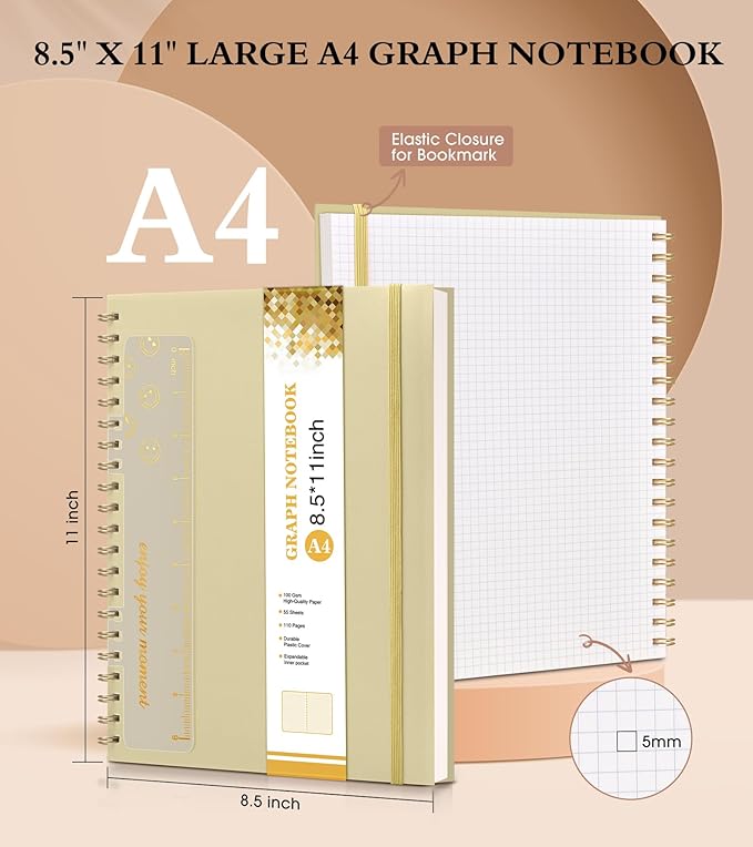 Graph Paper Notebook, Spiral Notebook Journal 8.5” x 11”, A4 Large Grid Notebooks for Women Men, 100 GSM Graph Paper, Plastic Hardcover Spiral Graphing Journals for Work School Engineerin, Yellow