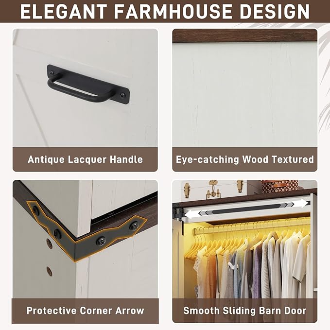 Farmhouse 3 Doors Armoire Wardrobe Closet w/Folding Sliding Barn Door and Lights, LED Armoire Closet w/Drawers for Bedroom, Freestanding Wooden Wardrobe Storage Closets w/Hanging Rod,Antique White