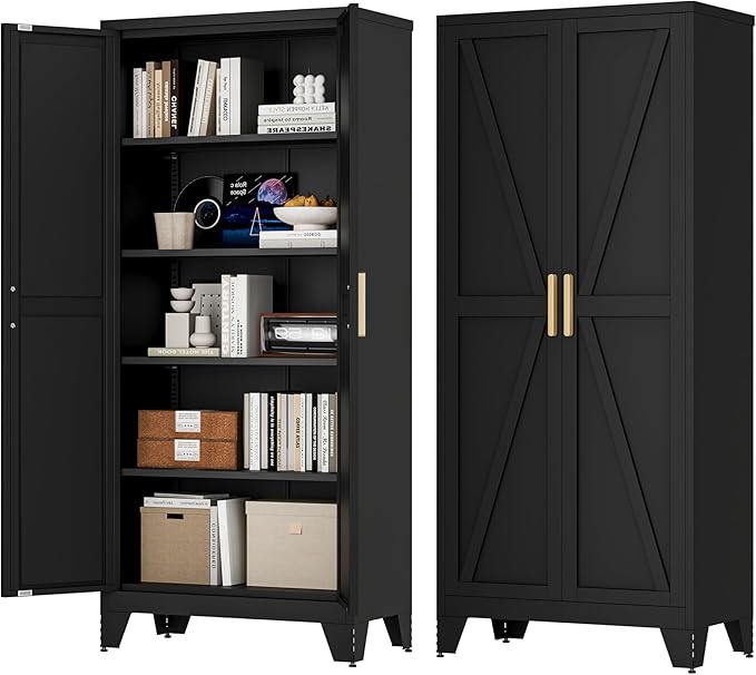 71H Tall Metal Storage Cabinet with 2 Doors and 5 Shelves,Farmhouse Storage Cabinet with Barn Doors,Pantry Storage for Home,Office,Bathroom,Dining Room,Kitchen(Black)