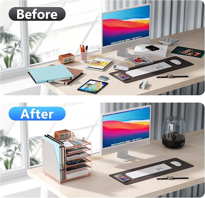 Gianotter Desk Organizer for Women, 6-Tier Paper Organizer with Magazine Rack, Office Desk Decor, Office Supplies (Rose Gold)