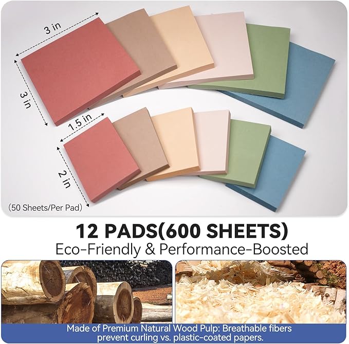 Sticky Notes 3x3in + 2x1.5in Small Sticky Note, 12 Pack 6 Colors Self-Sticky Note Pads | Sticks Strong & Removes Clean | Recycled Paper Cute Sticky Notes to School Supplies, Office Products