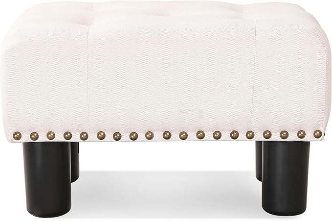 LUE BONA Small Tufted Foot Stool, Beige Rivet Fabric Ottoman with Plastic Legs, 9''H, Rectangle Footstool for Adult with Non-Slip Pads, Sofa Foot Rest for Living Room, Couch