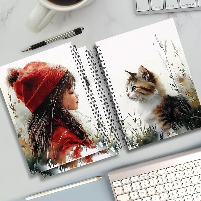 Spiral Journal Notebook for Women & Men,B5 Artistic Spiral Notebook: Orange & Black Cat with Little girl with red hat- Botanical Garden Edition