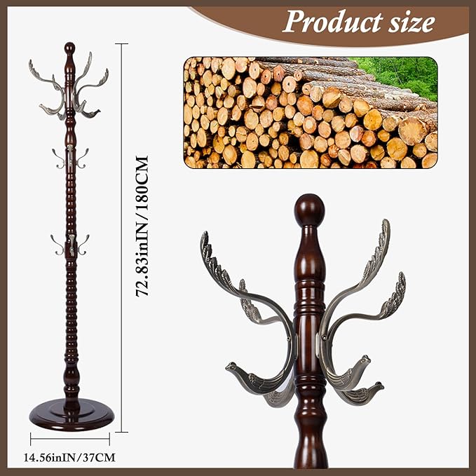 Wooden Coat Rack Freestanding, Vintage Coat Racks with Sturdy Round Base, Adjustable Height 37.40"-72.83" Entrance Coat Rack for Bedroom Living Room Entryway (Nostalgic)