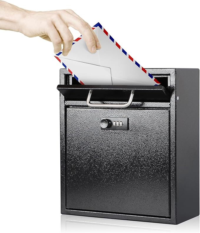 KYODOLED Steel Combination Lock Mail Boxes Outdoor,Locking Wall Mount Mailbox,Security Key Drop Box,12H x 10.51L x 4.68W Inches,Black Large