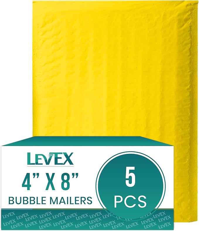 Levex - #000 4" x 8" [5 Pack] Yellow Poly Bubble Mailers, Padded Envelope Mailers, Packing Envelope & Mailing Bags for Shipping