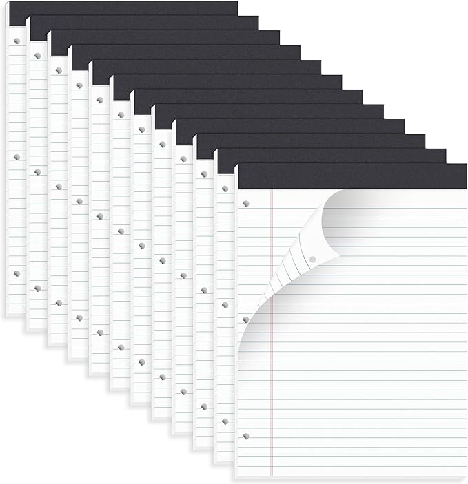 HAUTOCO 12 Pack 8.5 x 11 Legal Pads White Wide Ruled Notepads Perforated Writing Pads, 30 Sheets Per Notepad, 3-Hole Punched Paper, Writing Note Pads for School, Home, Office, Business