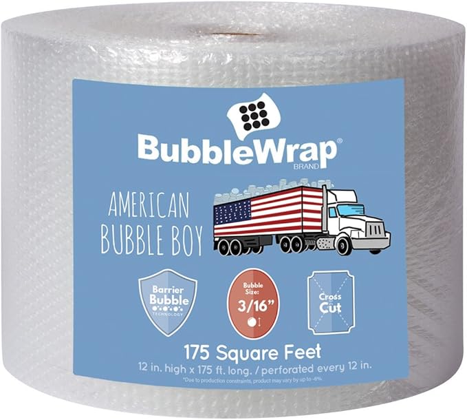 Bubble Wrap Roll 175', small bubble wrap 3/16 cushioning, 175ft perforated Every 12" Made in the USA by American Bubble Boy for packing, moving, wrapping of glassware, dishes, furniture and more!