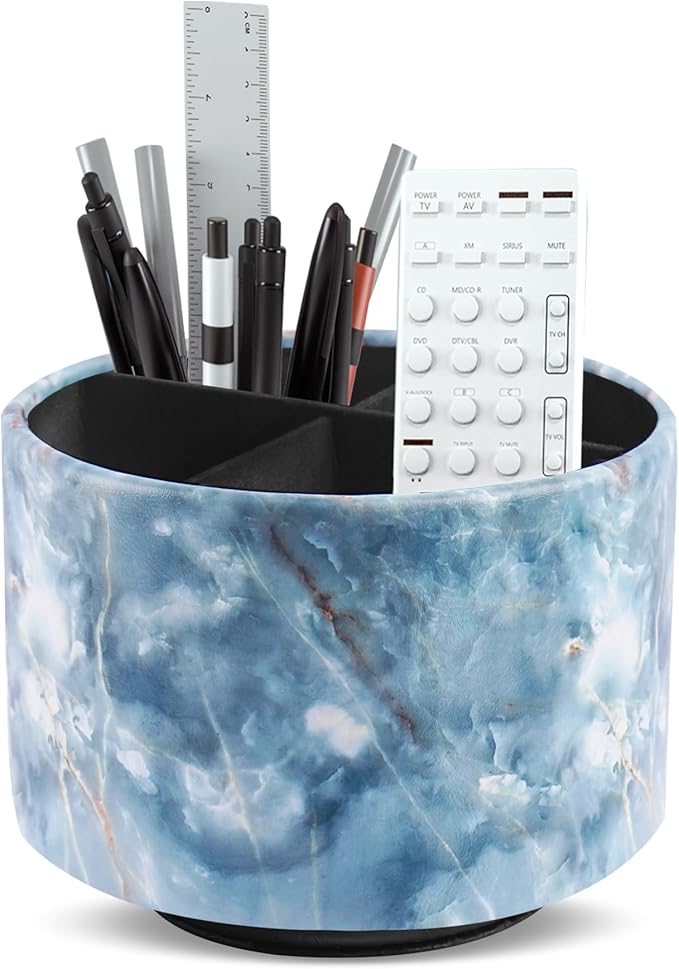 Round Leather Art Supply Organizer,Remote Control Holder,360-degree Rotating Pen Organizer with 4 Compartments(1-Marble Jade)
