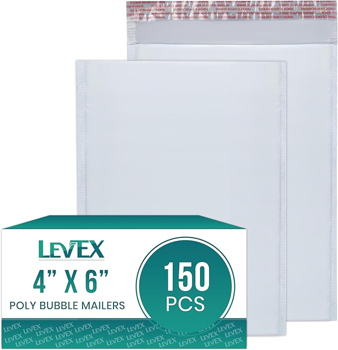 Levex - #0000 4" x 6" [150 Pack] Poly Bubble Mailers, Padded Envelope Mailers, Packing Envelope & Mailing Bags for Shipping