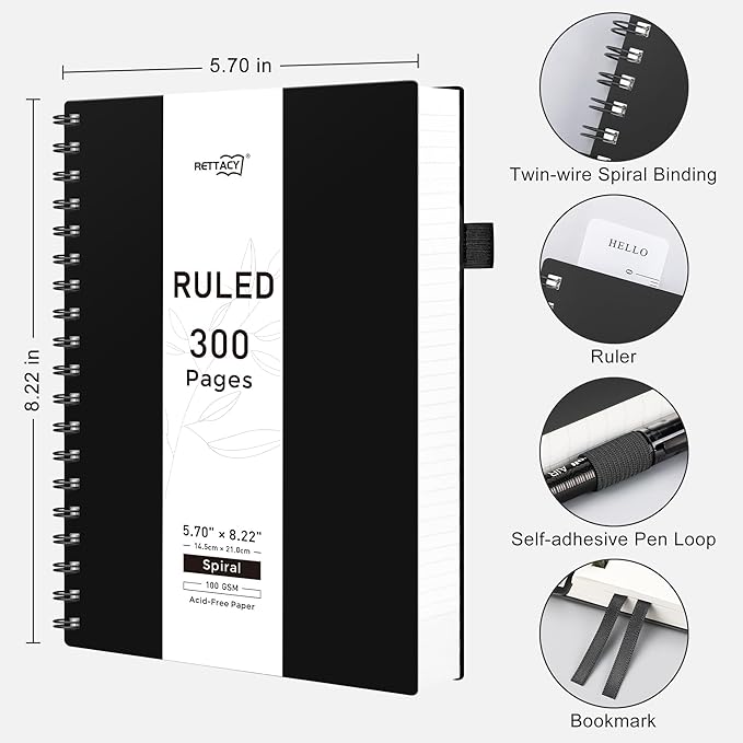 RETTACY Spiral College Ruled Notebook, 300 Pages, A5 Medium Size (5.7" x 8.2"), for School, Work, Writing, Journaling, 100 GSM Thick Paper, Flexible Plastic Cover (Black)