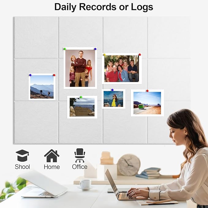 Large Cork Board for Walls 47" x 35" 12 Pack Black Bulletin Boards Felt Wall Tiles with Safe Removable Adhesive Corkboards for Office Home,White