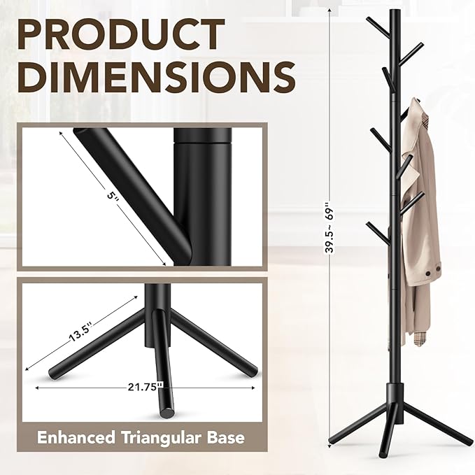 Wooden Tree Coat Rack Stand,Sturdy Freestanding Coat Rack with 8 Hooks,3 Adjustable Height for Child Adult,Wood Coat Stand Tree Fits Entryway Bedroom Office for Bags,Hats