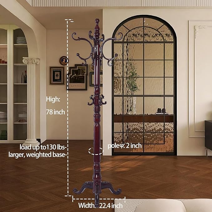 Wooden Coat Racks, Retro 78" Coat Tree with 14 Hooks & Stable Triangular Base, Entryway Coat Rack Freestanding for Hat, Clothes, Scarves, Handbags, Umbrella (Mahogany)