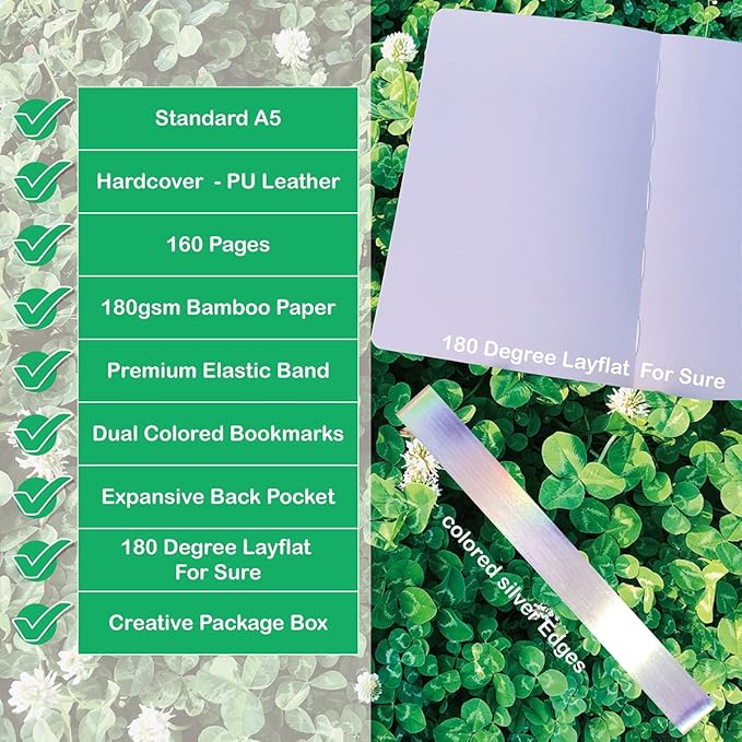 Dotted Notebook Journal 180GSM Bamboo Thick White Paper 160 Pages 5 * 5MM Dot Grid, Lay Flat Binding,Colored Silver Edges, Bookmarks and Expandable Back Pocket (BKP-9)