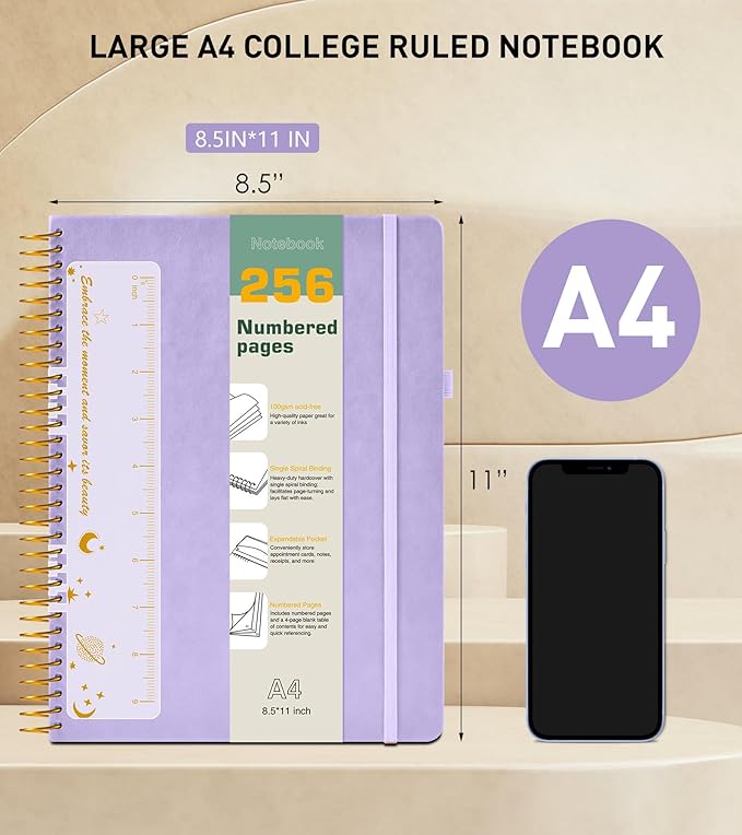 A4 Spiral Notebook Journal 8.5” x 11”, 256 Numbered Pages Hardcover Leather Journals for Women Men, Large Lined College Ruled Notebooks, 100GSM Thick Paper, Spiral Bound Journal for Work School, Purple