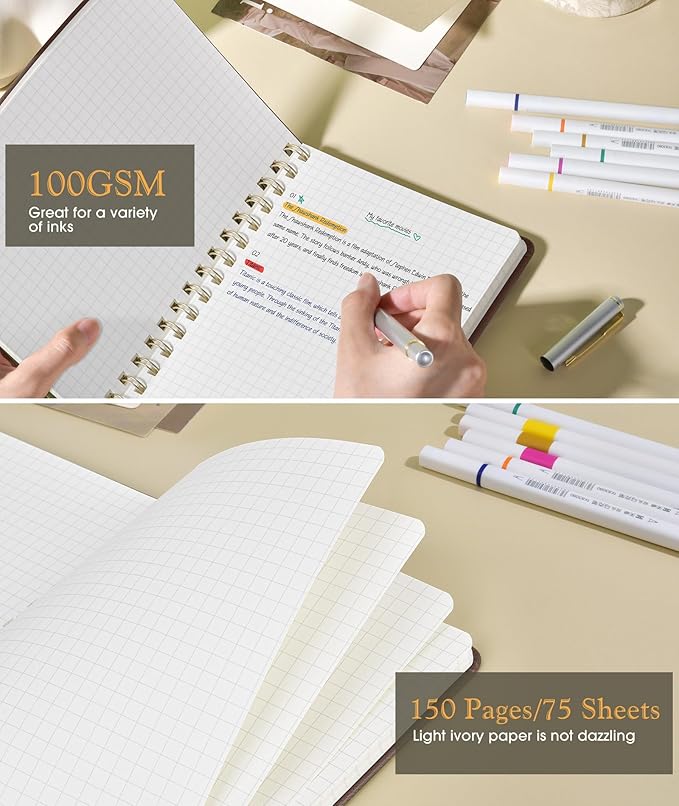 Graph Spiral Journal Notebook, A5 Hardcover Spiral Journals for Women Men, 100 GSM Graph Paper Notebooks, 150 Pages Spiral Bound Grid Notebook for Writing Note Taking Work 5.75" x 8.38", Dark Brown