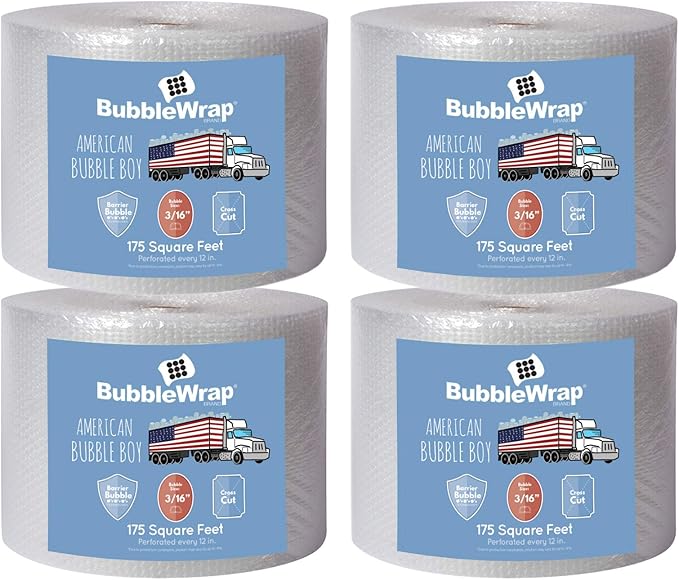 4 large rolls of Bubble Wrap total 700 feet, small bubble wrap 3/16 cushioning, 700 ft, heavy duty, perforated Every 12" Made in the USA by American Bubble Boy, bulk bubble wrap for moving, shipping
