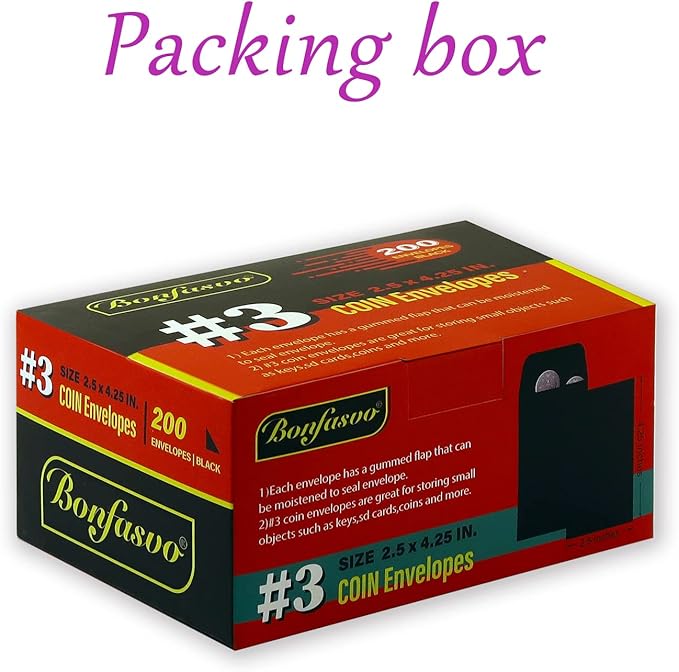 200 Pack #3 Black coin envelope 2.5 x 4.25 inches Kraft Envelopes Classic Small Parts Envelopes with Self Adhesive Gummed Flap for Coins Cash Credit Cards Seeds