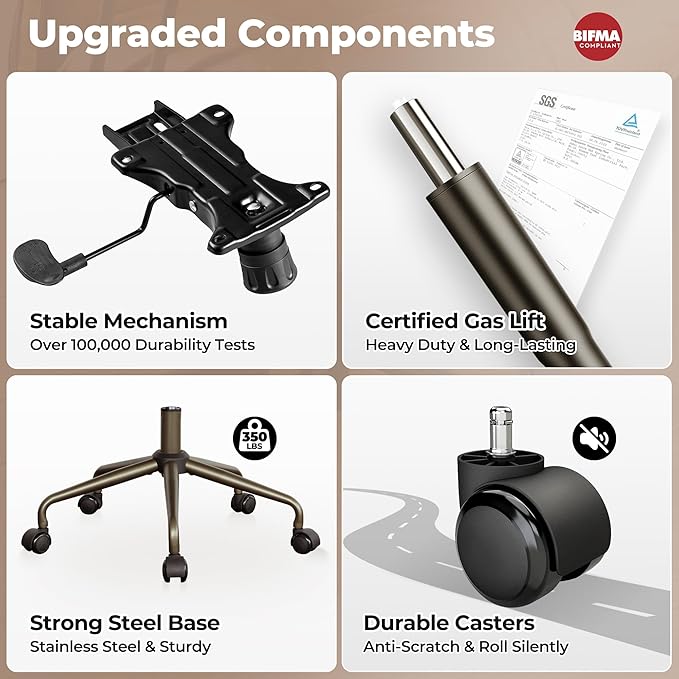 ovios Ergonomic Home Office Chair, Mid-Century Modern Faux Leather Chairs with Padded Armrests, Comfy Mid Back Swivel Rolling Executive Computer Armchair (Dark Brown, Suede Leather)