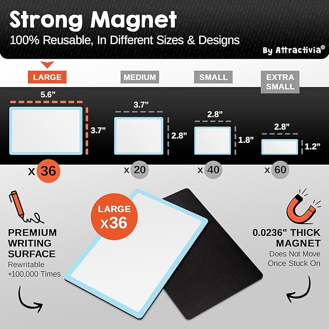 Dry Erase Magnetic Labels 5.6 x 3.7 in, Color Borders, Large Dry Erase Magnets, 36-Pack, Erasable Write-On All-Purpose Labels, for Office, Kanban Boards, Education, Home, Whiteboard