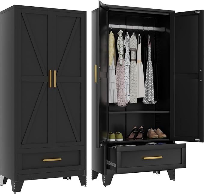 Metal Wardrobe Cabinet,71 Armoire Wardrobe Closet with Drawers and Hanging Rod,Metal Armoire with Adjustable Shelves for Closet,Bedroom,Farmhouse Storage Cabinet with Drawer(Black)