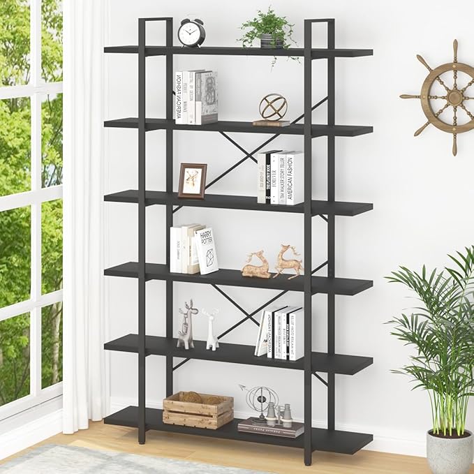 HSH 6 Tier Tall Black Bookshelf, Modern Large Storage Book Shelves & Display Book Shelf,Industrial Open Vertical Metal and Wood Black Bookcases 6 Shelf for Bedroom Living Room Office, Black Oak