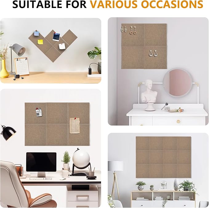 Large Cork Board for Office 48 x 36 in, Brown Bulletin Board, 12 Pack Felt Wall Tiles with Pushpins, Cork Boards for Wall Pin Board Tack Board Cork Boards