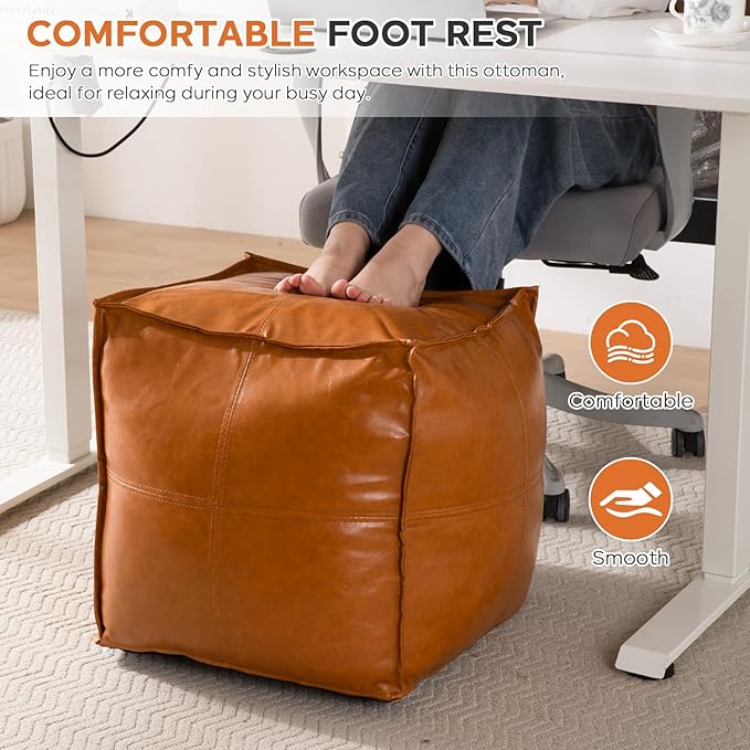 Pouf Ottoman Cover, 17.7" Square Unstuffed Pouf Cover, Faux PU Leather Moroccan Poofy Ottoman Footstool, Brown No Filler Footrest, Floor Chair Gifts Foot Rest for Living Room, (Only Cover)