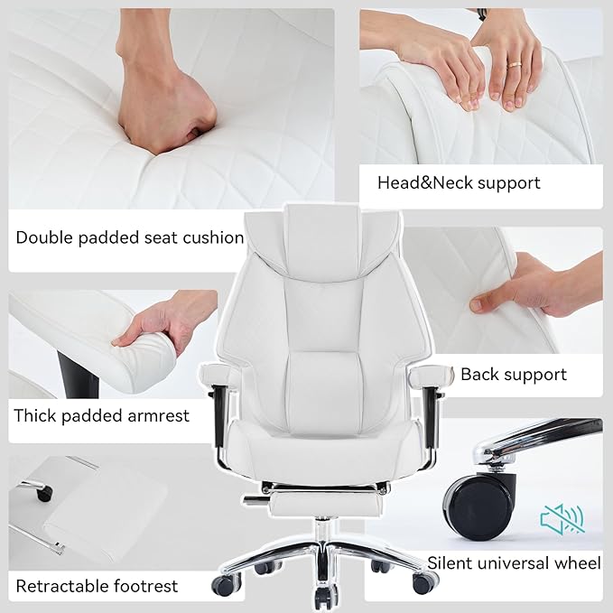 Big and Tall Office Chair with Footrest, PU Leather High Back Executive Office Chair 400lbs, Ergonomic Computer Chairs Lumbar Support for Heavy People (White)