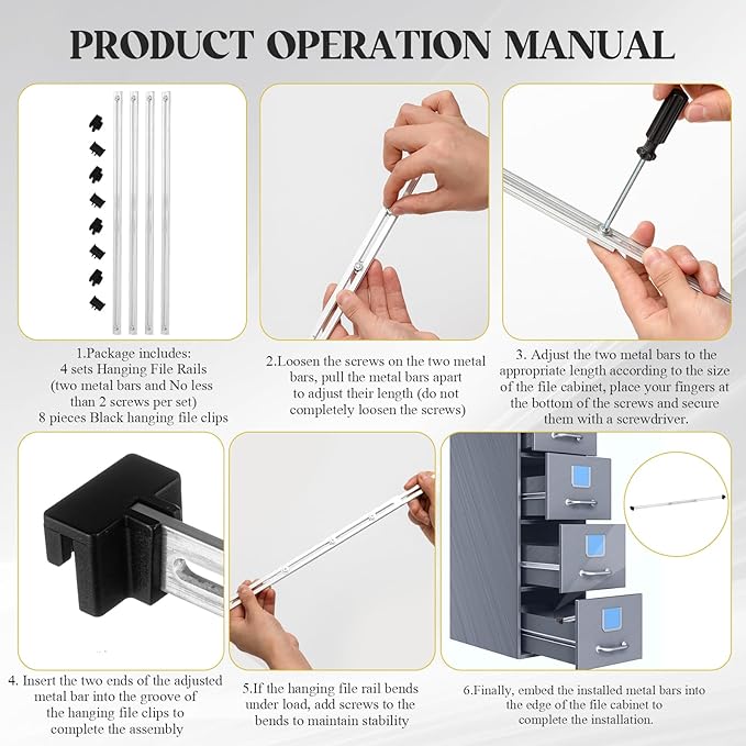 12 Pcs Metal Adjustable File Cabinet Rails Set Include 8 Hanging File Rail Clips 4 Cabinet Dividers Bars Suitable for Cabinets with Drawer Thickness Less Than 1/8 Inch(Silver,10-18 Inch)