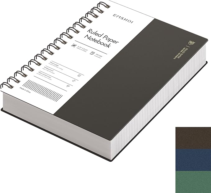 EMSHOI A5 Spiral Notebook College Ruled Lined Journal, Small 5.7" X 8.22", 300 Pages/150 Sheets, 100gsm Thick Paper, Waterproof Hardcover, for Office School Women Men Work Writing Notes, Coffee